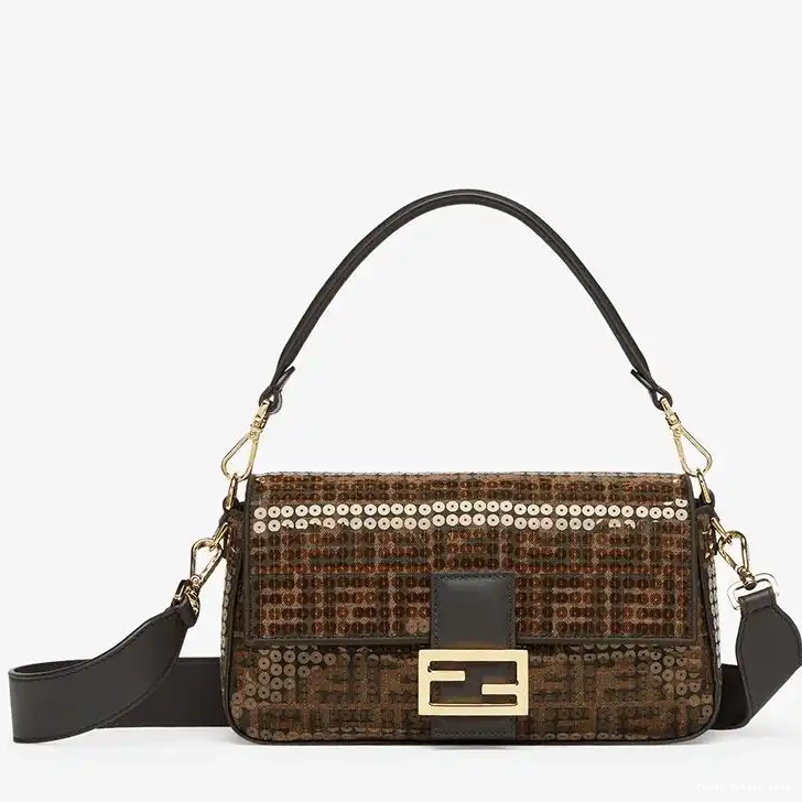 Affordable Fendi Bag Brown Medium FF Sequins Baguette Fabric with In Motif 0524